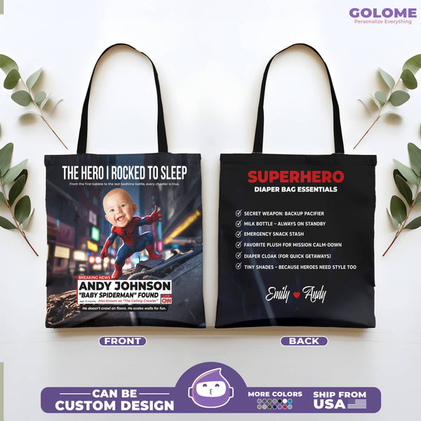 Personalized Baby Spiderman Superhero Tote Bag – Funny CNN Style Diaper Bag Gift for Mom